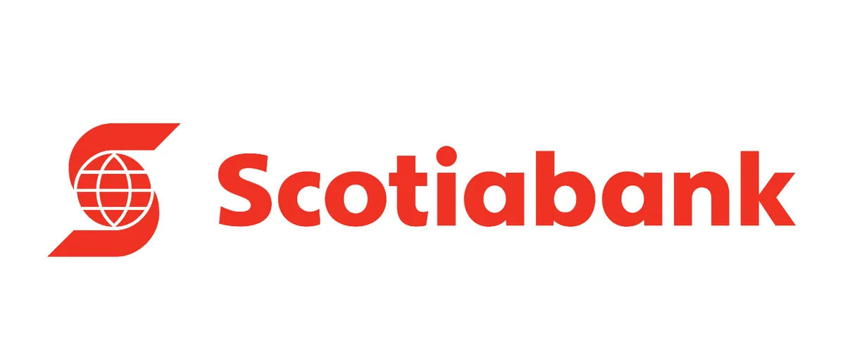Logotipo rojo de Scotiabank con su símbolo del globo terráqueo a la izquierda.