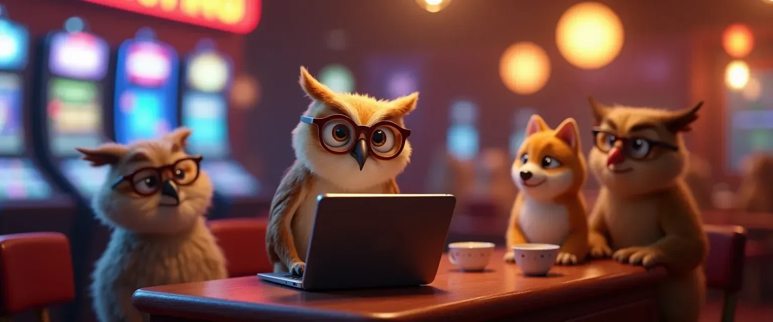 Ilustración de un búho animado con anteojos frente a un notebook abierto sobre una mesa de bar, con otros tres animales mirando la pantalla.