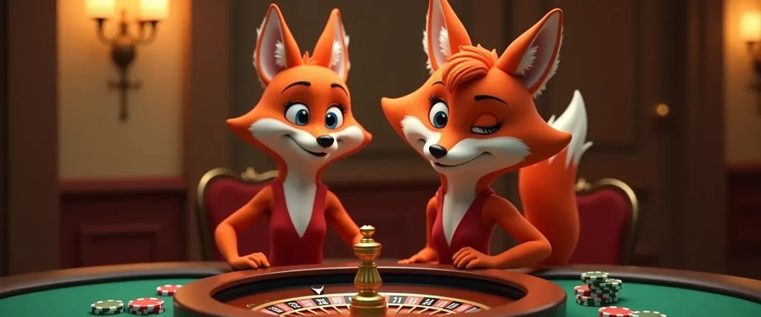 Ilustración de dos zorros animados con vestido rojo apoyados en el borde de una mesa de ruleta, con fichas apiladas en el paño verde.