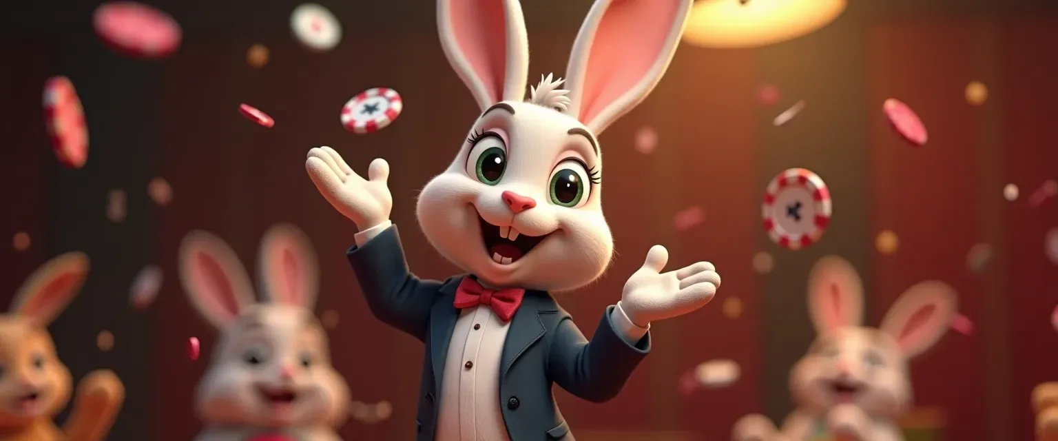 Ilustración de un conejo animado de chaqueta y humita con los brazos levantados, mientras fichas de casino caen a su alrededor y otros conejos miran desde atrás.