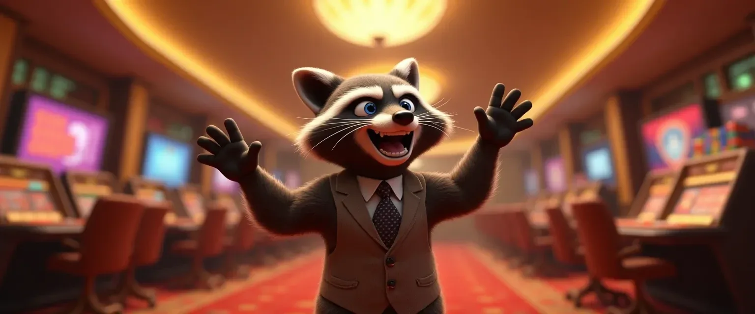 Ilustración de un mapache animado de chaleco con los brazos abiertos, en el pasillo central de un salón con máquinas de juego encendidas a ambos lados.