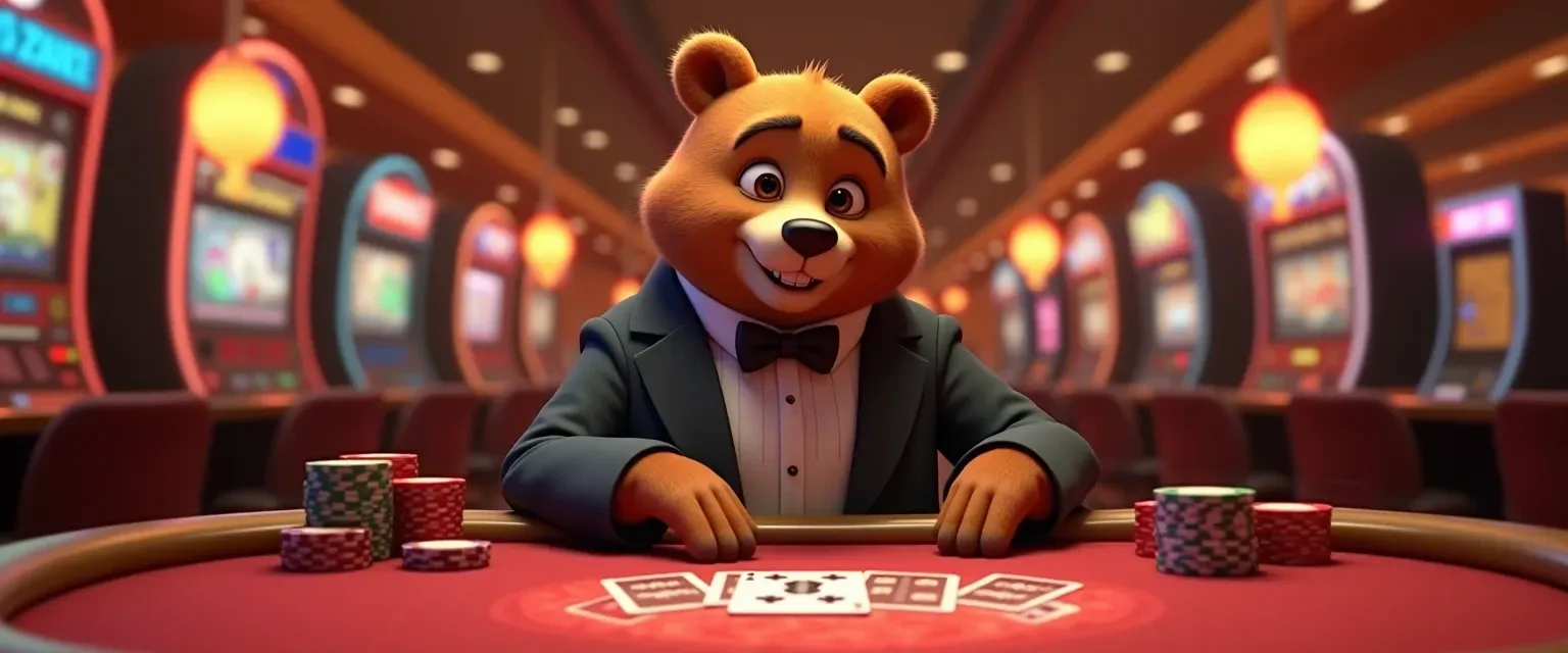 Ilustración de un oso animado de smoking sentado ante una mesa de cartas, con torres de fichas a ambos lados y una hilera de máquinas al fondo.