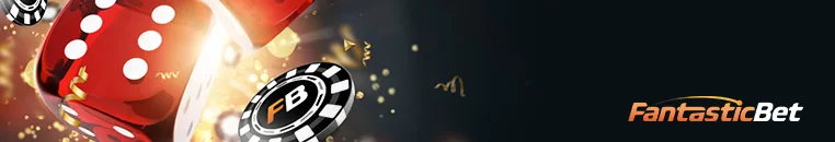 Banner promocional oscuro con dados rojos y una ficha de casino con las iniciales FB, junto al nombre de la marca en tipografía naranja.